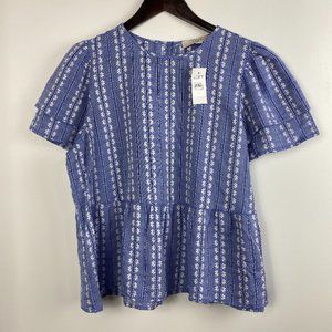 NWT  Loft Blue Peplum Top with Embroidered Flowers - Large